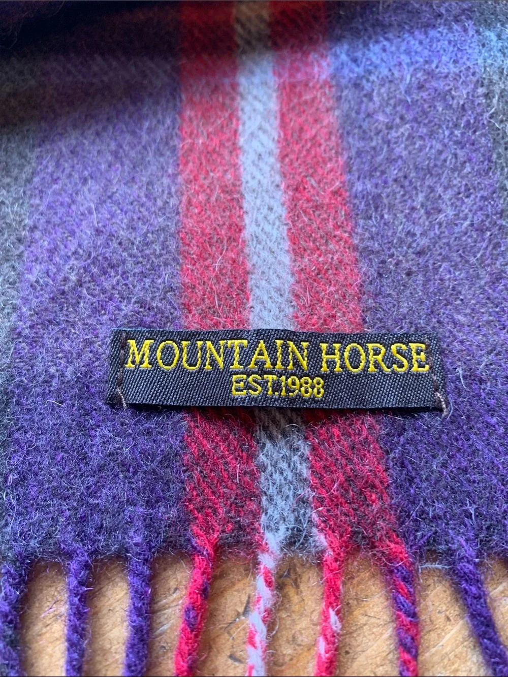 Mountain Horse Wool Blend Plaid Fringe Wool Blend Scarf in Gray, Purple & Red